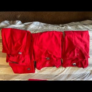 Red Cherokee scrub tops & bottoms w/ Grey Cherokee scrub jacket